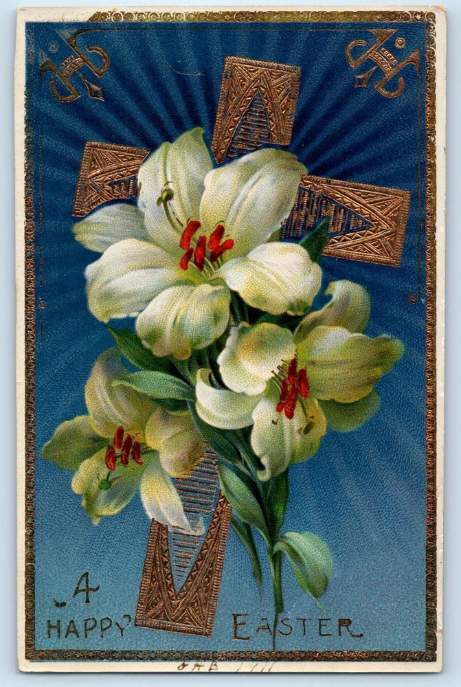 Easter Holy Cross And Lilies Flowers Embossed Gel Gold Gilt Embossed Postcard Lily