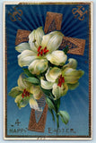 Easter Holy Cross And Lilies Flowers Embossed Gel Gold Gilt Embossed Postcard Lily