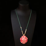 Women's Peony Flower Pendant Necklace Long Chain Ethnic Style Jewelry Accessory Peony