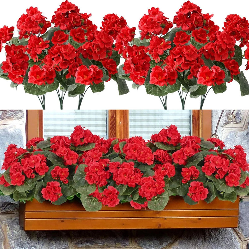 Artificial Geranium Silk Flowers Realistic Red UV Resistant Fake Plants Decor Flowering Plants