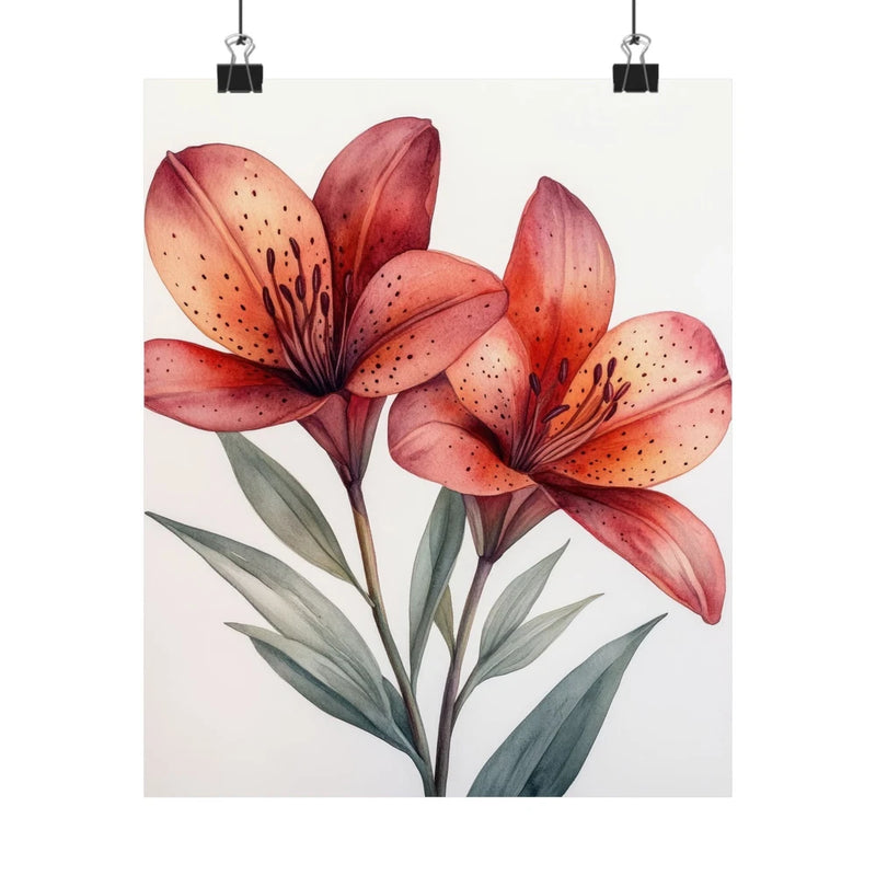 Floral art print poster with burgundy lilies and green leaves