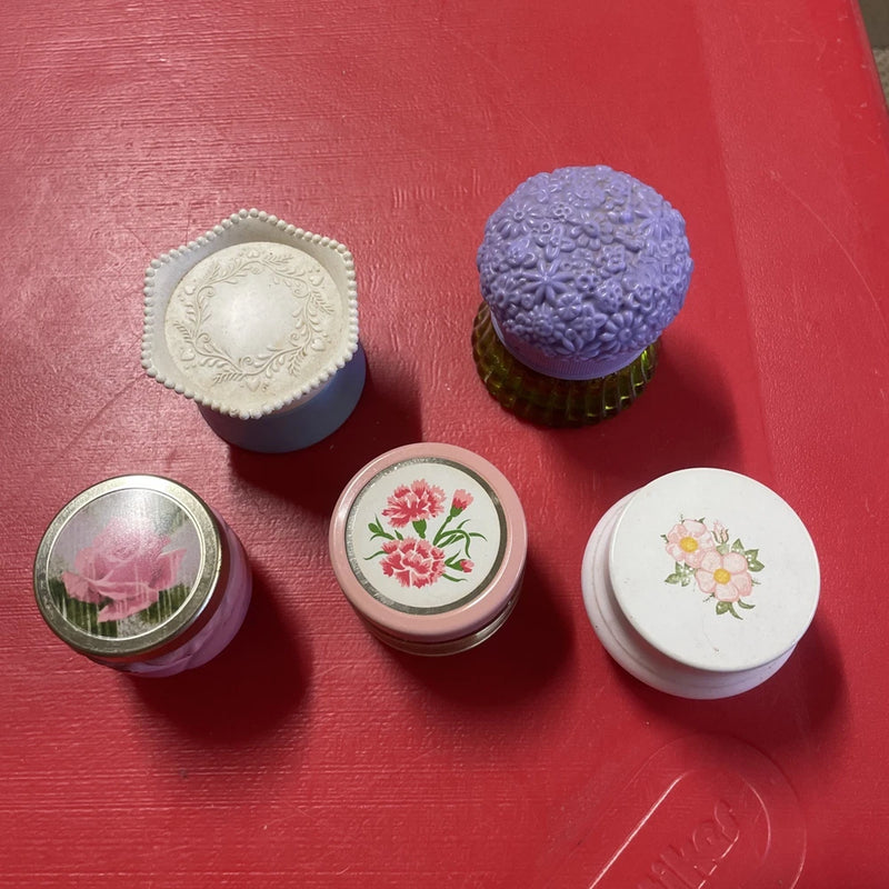 Set of 5 vintage round cream jars with floral lids, including rose and carnations
