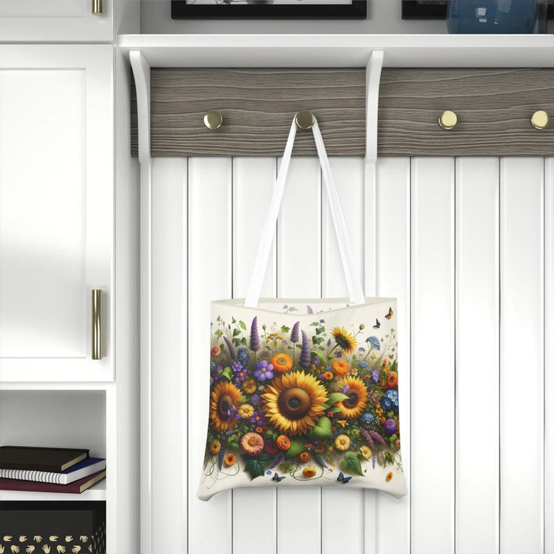 Floral sunflower tote bag with white fabric and colorful bouquet print, with two short handles