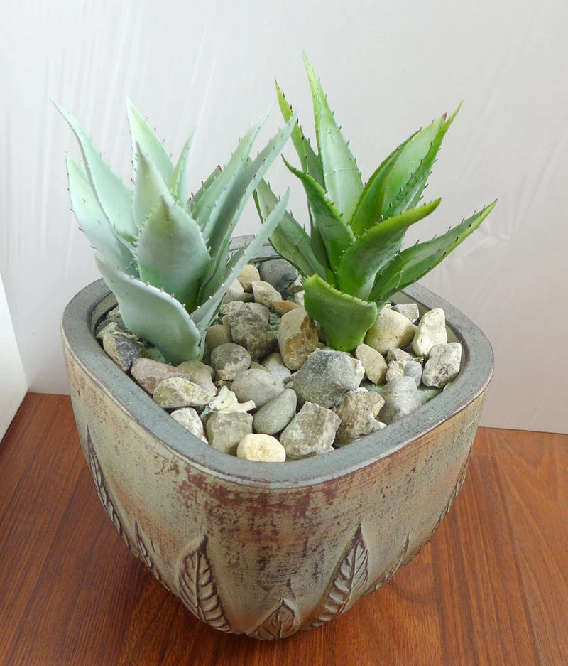 Artificial aloe succulent plants set of 2 in round stone-look planter with green leaves