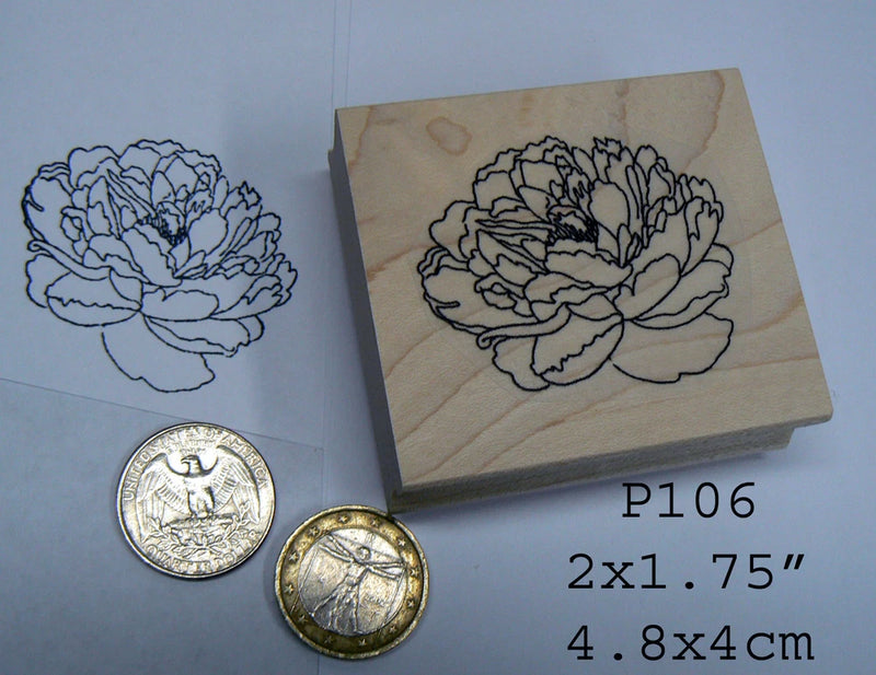 Small rubber stamp with black peony flower line design on cardboard backing, labeled P106
