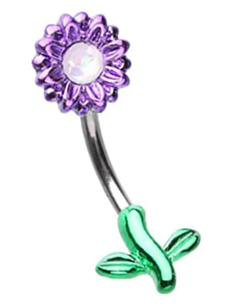 Navel belly button ring with purple floral top, silver bar, and green split sunflower charm