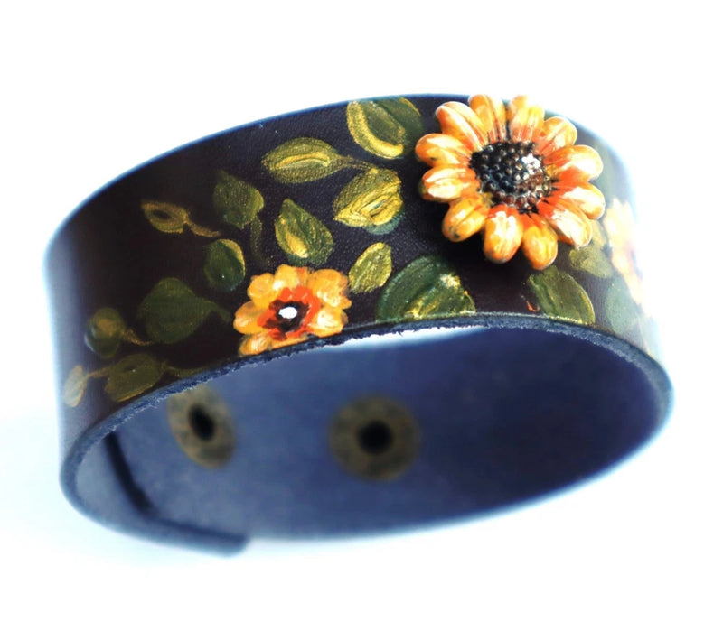 Womens Brown Leather Cuff with Hand Painted Sunflower Studs Boho Flower Bracelet Sunflower