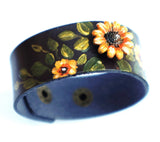 Womens Brown Leather Cuff with Hand Painted Sunflower Studs Boho Flower Bracelet Sunflower
