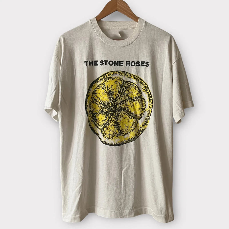 Cream graphic T-shirt with The Stone Roses logo and circular face print