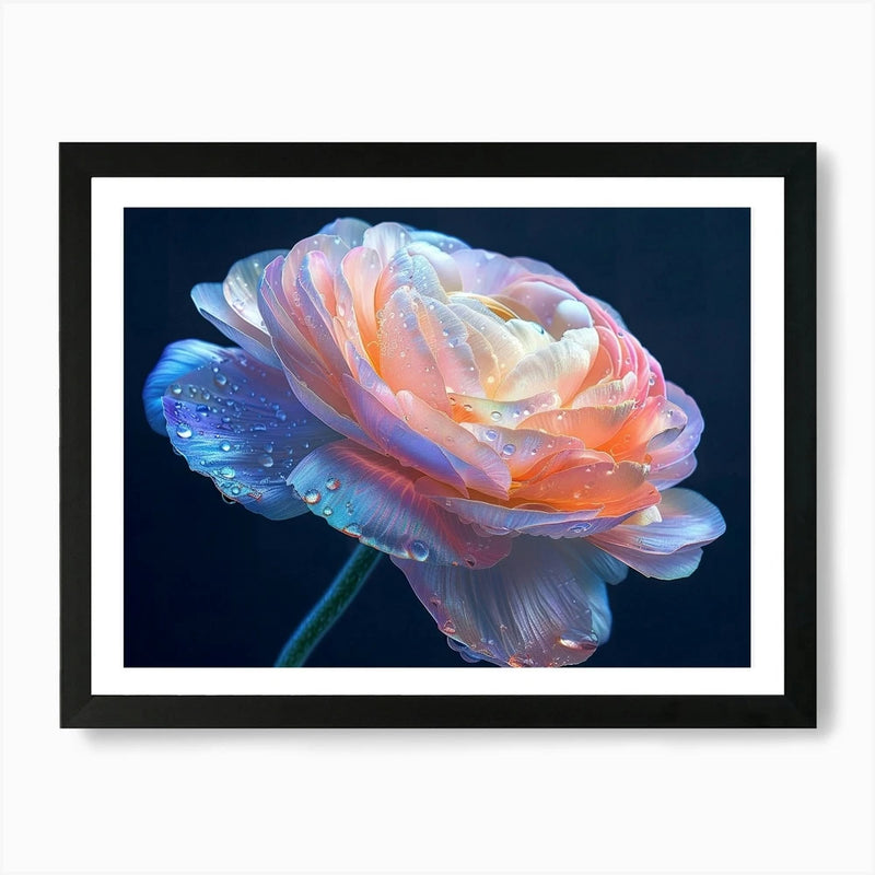 Framed peony flower art print with pastel pink and blue petals on dark background