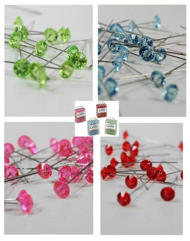 Multicolor crystal jeweled bouquet pins with faceted heart-like heads on metal stems