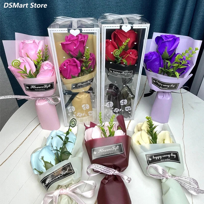 3 Heads Artificial Rose Bouquet Hand Holding Pink Flowers Valentine'S Day Gift W Roses