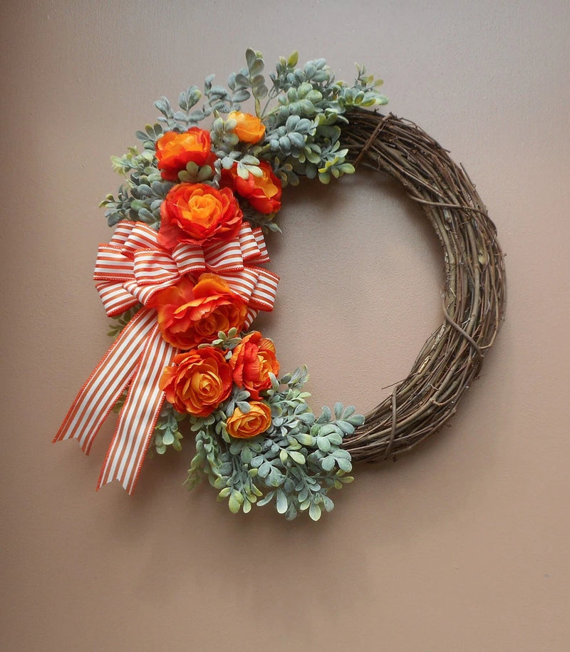 17" Orange Ranunculus Floral Greenery SUMMER Grapevine Door Wreath Ranunculus