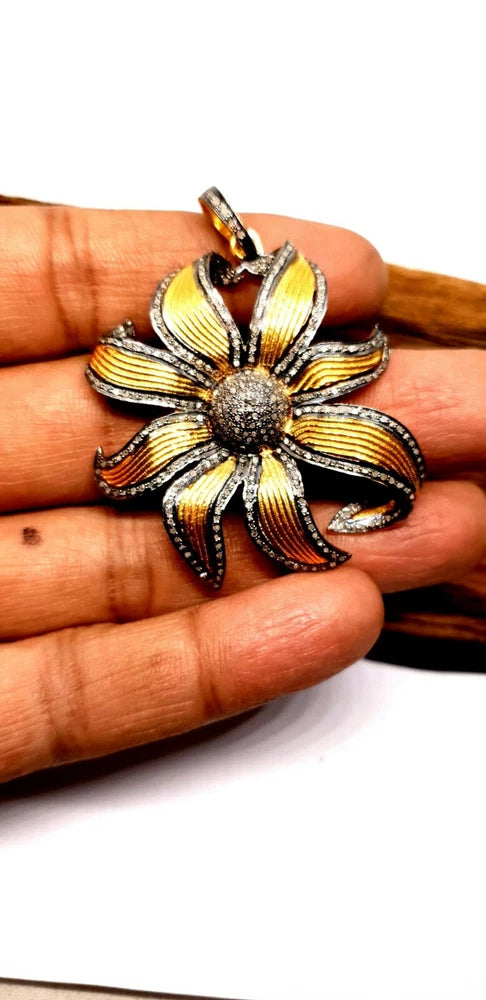 Sunflower diamond pendant with yellow enamel petals on a silver-tone 925 setting