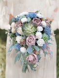 Pink Mauve Dusty Blue Succulent Cascade Bridal Bouquet Sola Wood Wedding Flowers Bouquet