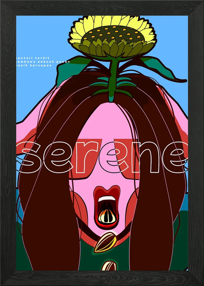 Framed wall art poster of stylized sunflower head with colorful 'serene' text and face