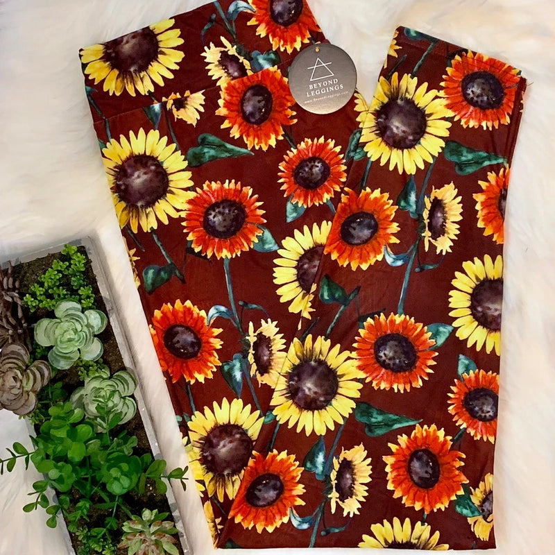 Sunflower print leggings with side pocket, burgundy and green floral pattern