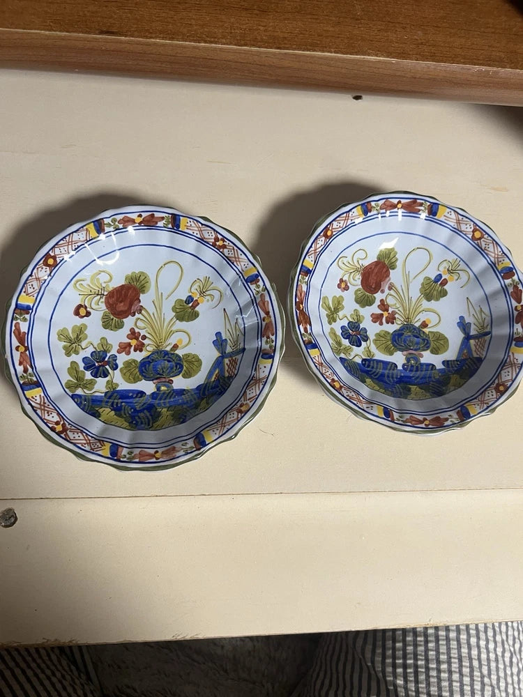 Set of 2 hand-painted ceramic berry dessert bowls, blue floral rim and center design