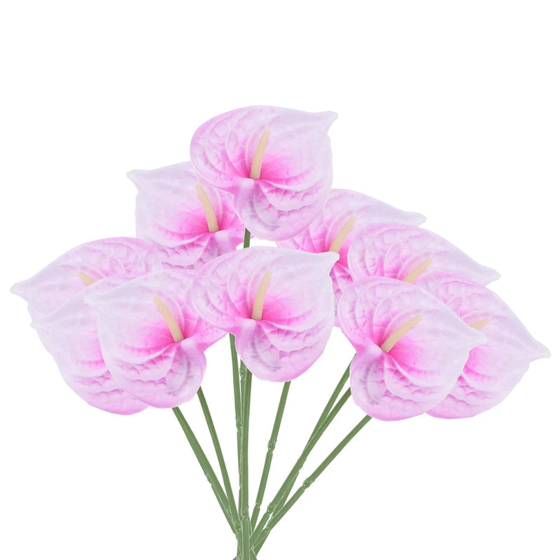 Artificial anthurium lily flower bouquet with pink and white petals on green stems