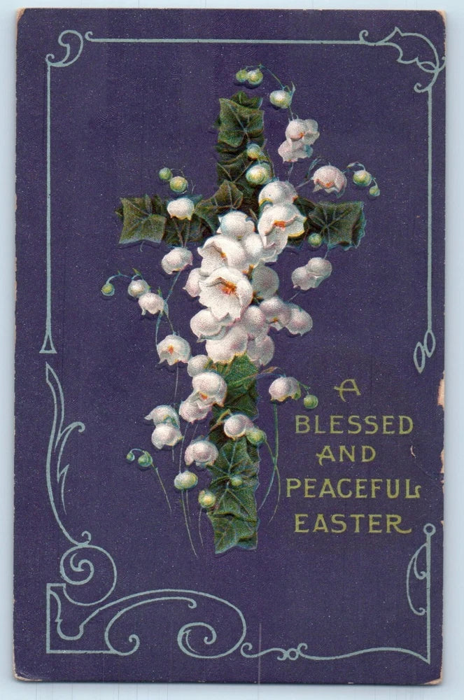 Antique Easter lilies postcard with floral spray and decorative border