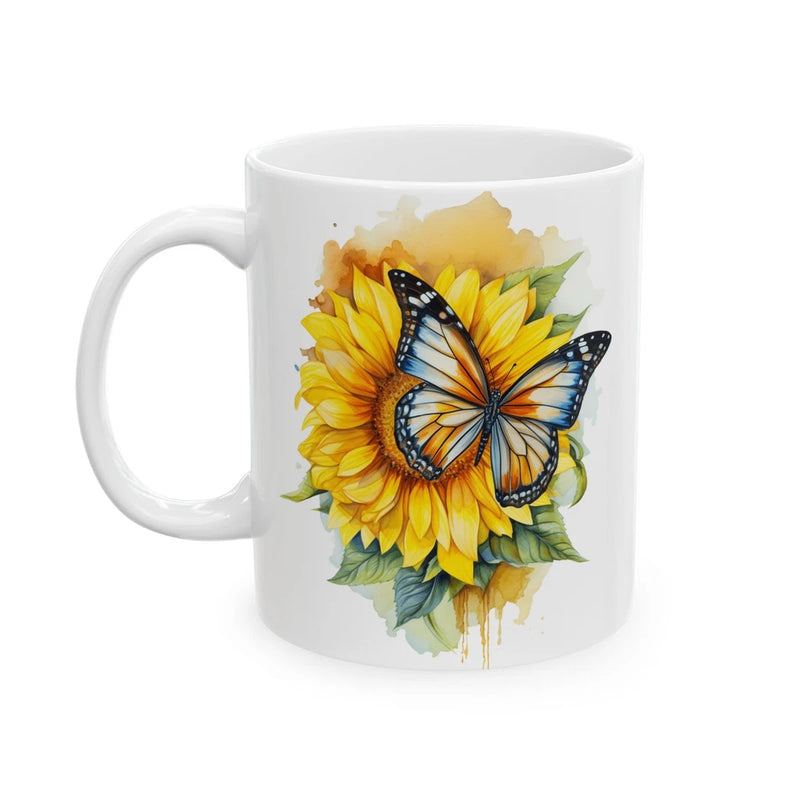 White ceramic coffee mug with colorful butterfly and sunflower floral design