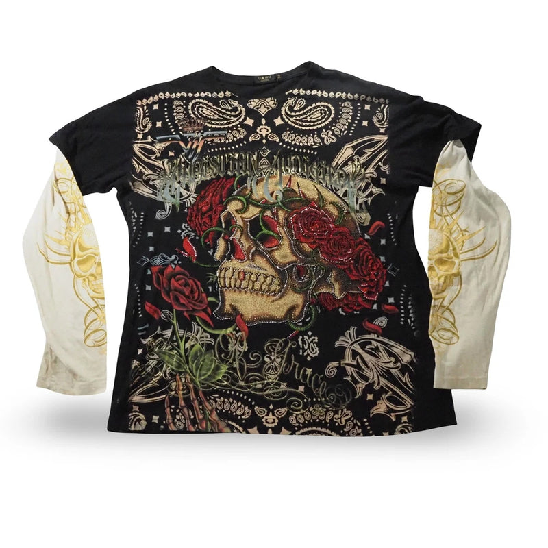Men's black graphic T-shirt with skull, red roses, and ornate jeweled detailing on front