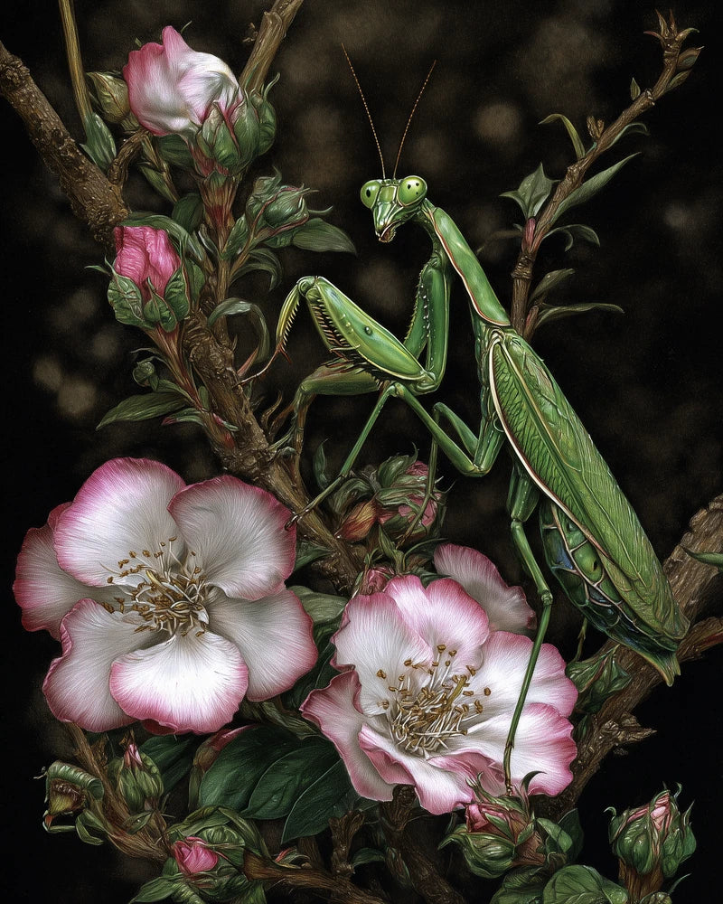 8x10 Praying Mantis, on flowers, wild roses, illustration green body - 632620470 Roses