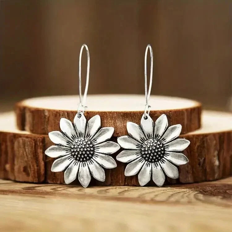 Retro Dimensional Antique Silvery Sunflower Daisy Earrings Gifts Women Daisies