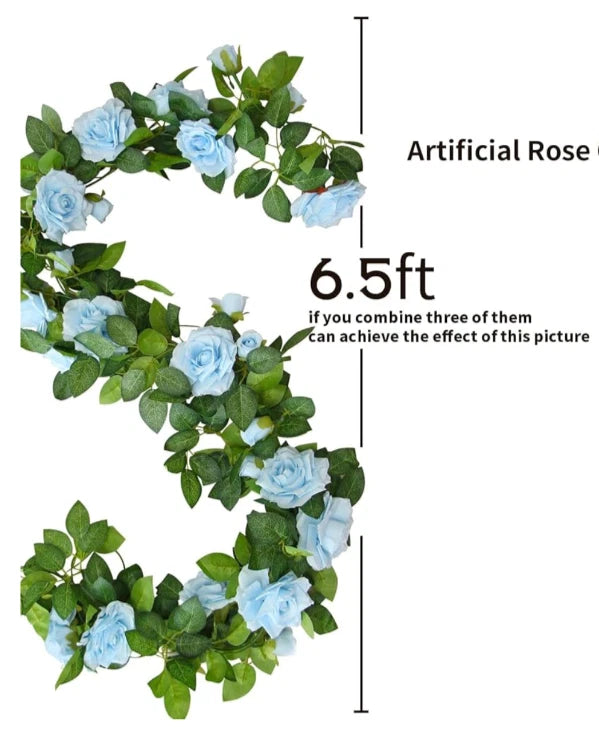 Artificial blue rose & vine garland, 6.5 ft