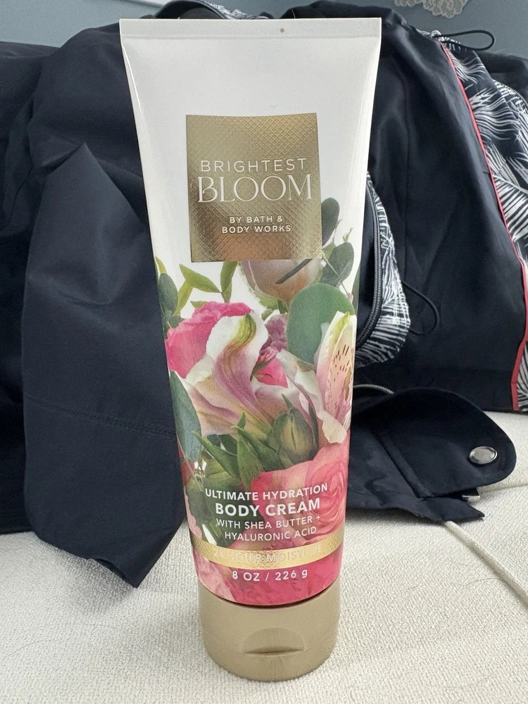 Bath and Body Works BRIGHTEST BLOOM ultimate hydration body cream tube, floral label, 8 fl oz