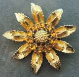 Golden Topaz color Rhinestone Sunflower Daisy Flower Gold tone Brooch Pin 6m 7 Sunflower
