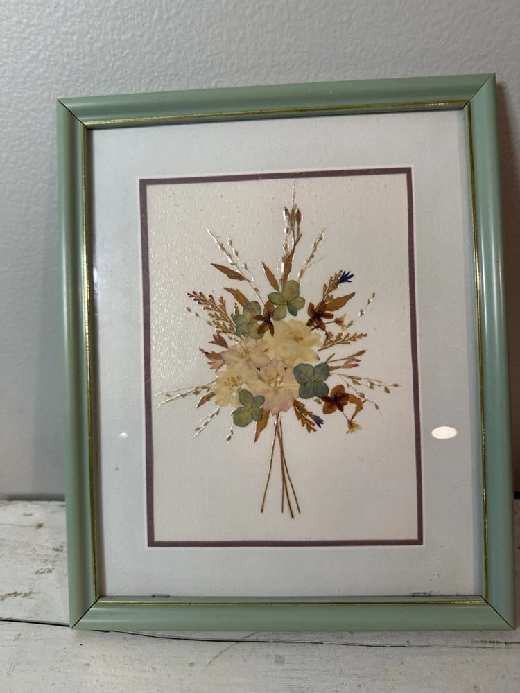 Pressed wildflower bouquet in vintage framed wall art, cottage farmhouse decor