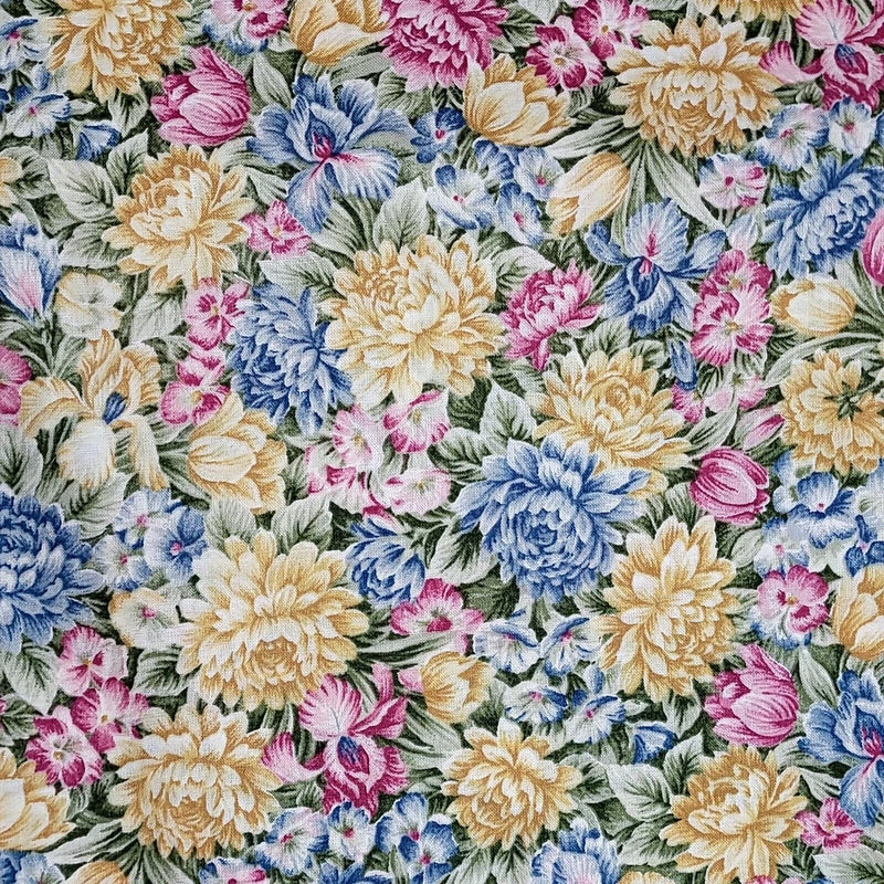 Hoffman LES JARDIN Floral Flower Garden Blue Yellow Pink Green Quilt Fabric 3yds Flowering Plants