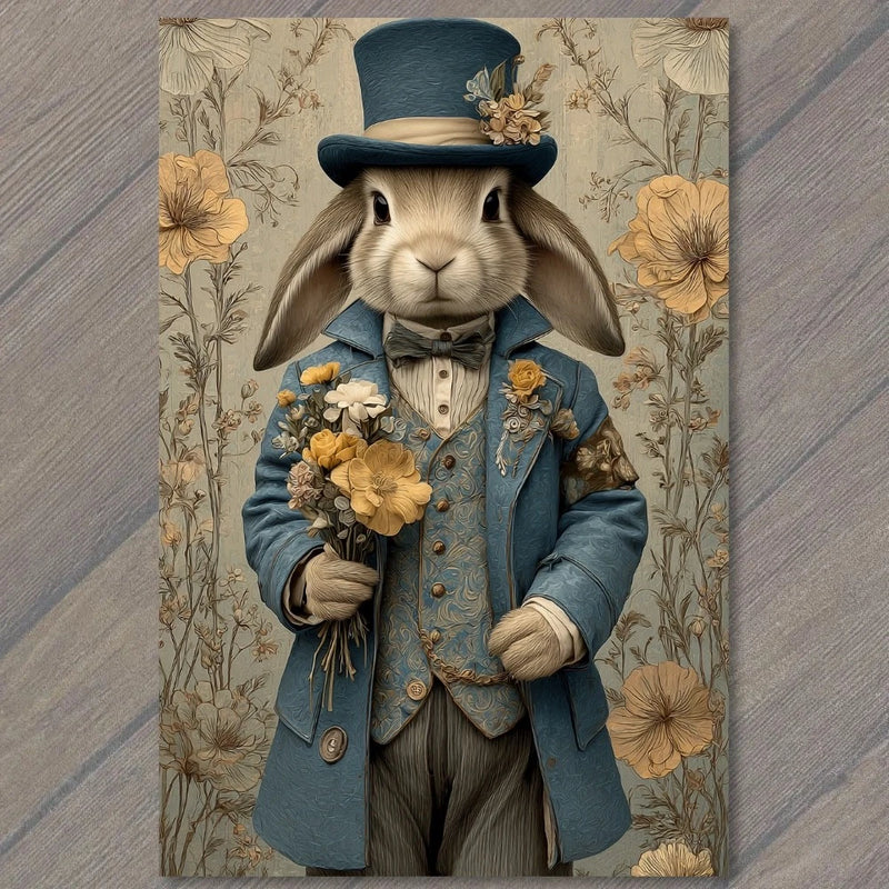 Dapper rabbit postcard with blue top hat, teal suit coat, and floral bouquet