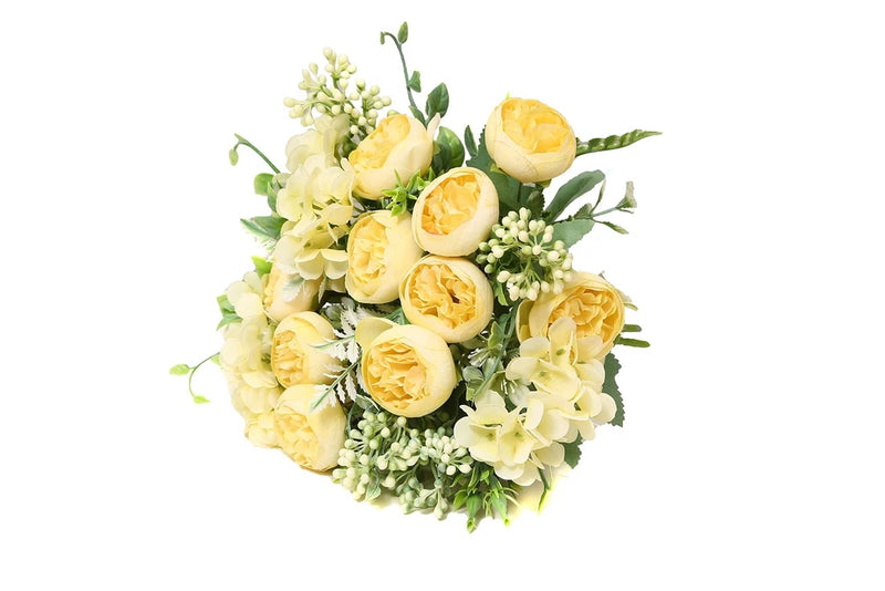Artificial mini peony flower bouquet with cream-yellow blooms and green leaves