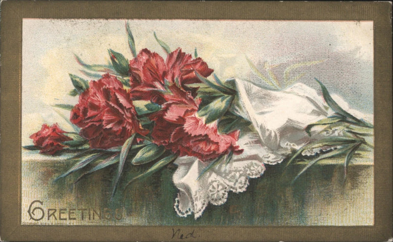 Antique postcard-style bouquet of red carnations with lace and “Greetings” message