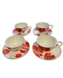 Cups & Saucers Red Poppy Ranunculus Design Fine Bone China. 8 pieces bundle Ranunculus