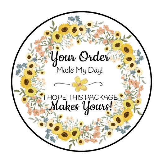 30 1.5" SUNFLOWER FLOWERS WREATH THANK YOU ORDER ENVELOPE SEALS LABELS STICKERS Sunflower