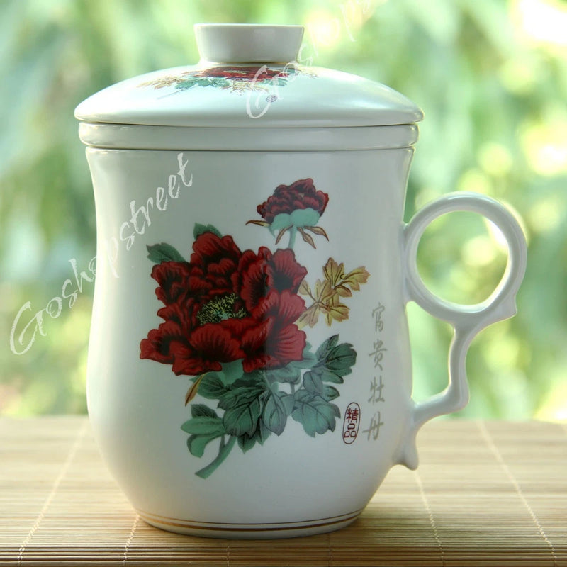 Ceramic teacup with lid and side handle, peony flower floral design