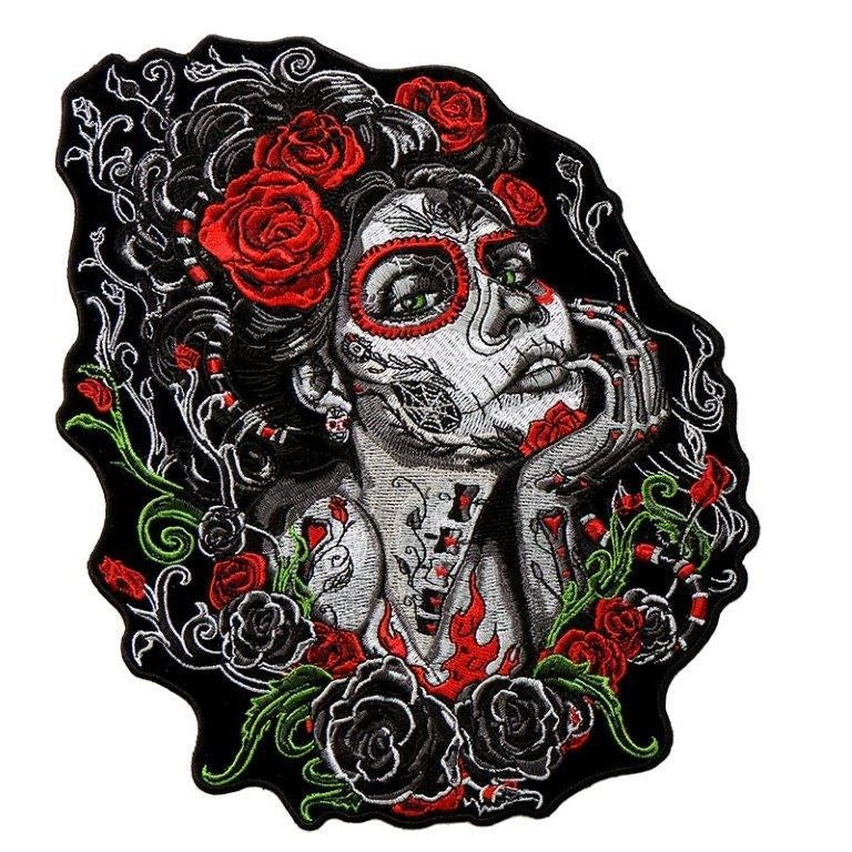 Embroidered sugar skull roses patch on black fabric with red roses and white skull