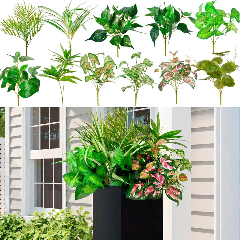 Faux greenery plant bundle with green and floral leaves stems for outdoor planters
