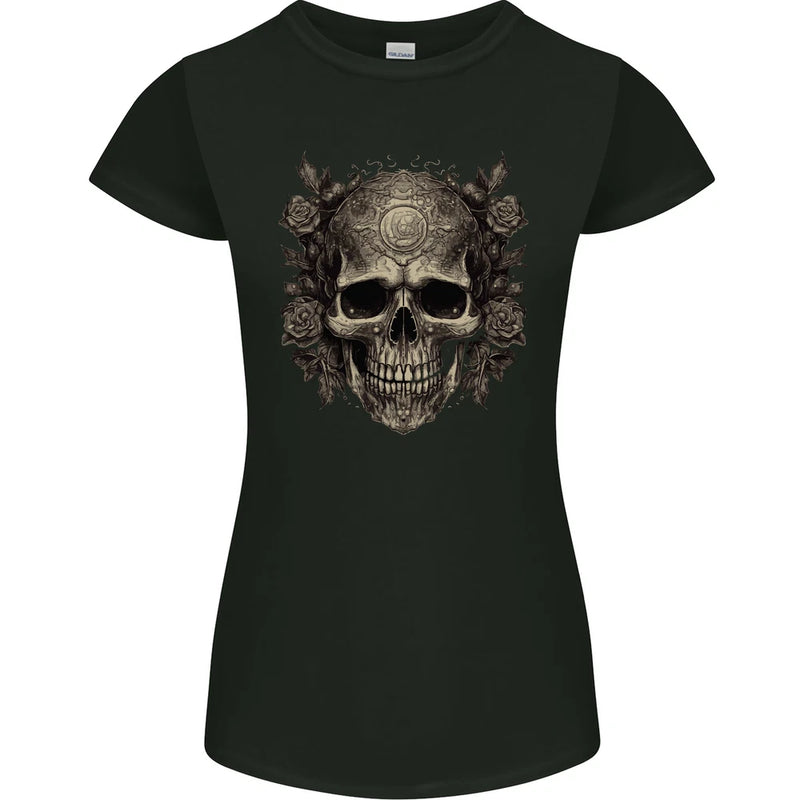 Women’s petite black T-shirt with skull and roses front graphic