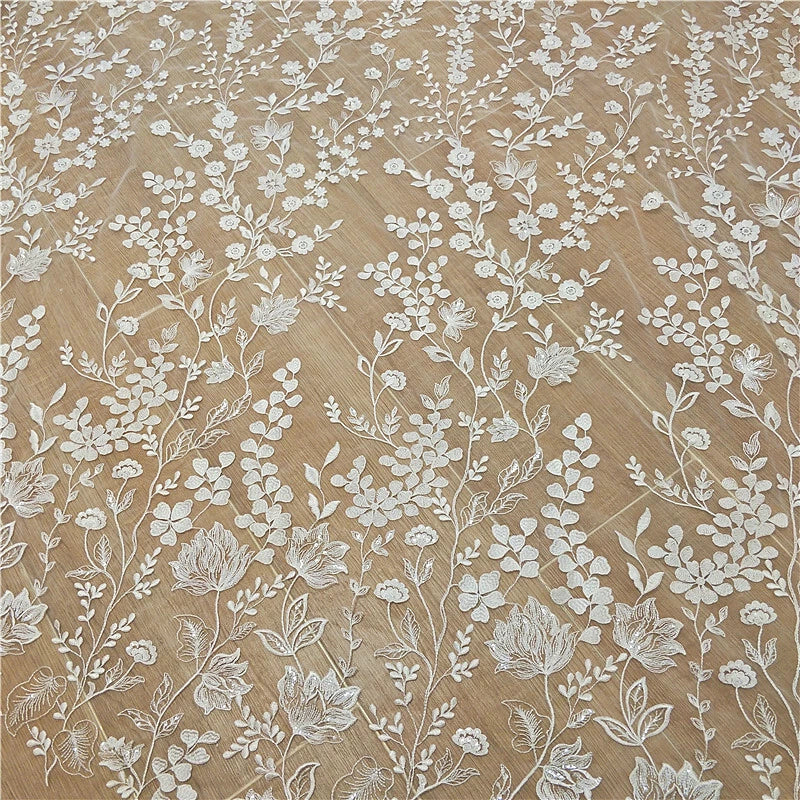 Flowers Plant Dancing Dress Lace Fabric Embroidery Wedding Gown Sequin Tulle 1 Y Flowering Plants