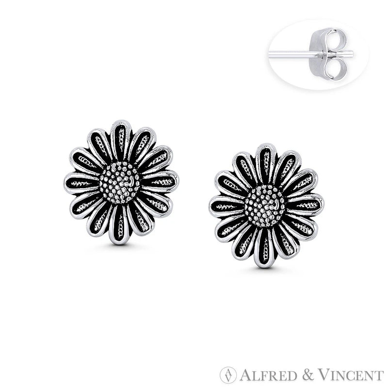 Sunflower Daisy Flower Charm Oxidized .925 Sterling Silver Rustic Stud Earrings Sunflower