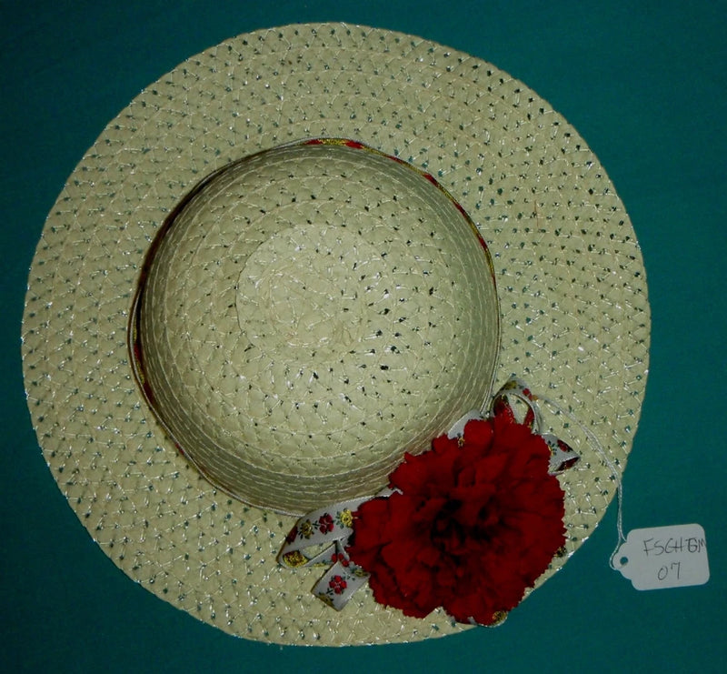 Light yellow woven child hat with red carnation and floral ribbon