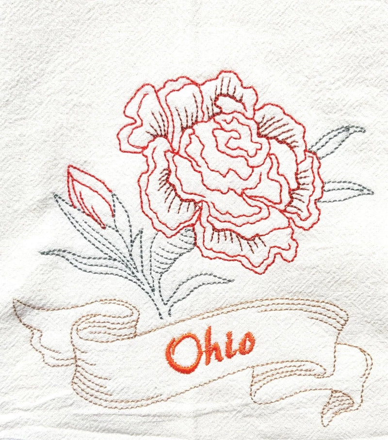 STATE FLOWER-OHIO-SCARLET CARNATION MACHINE EMBROIDERED FLOUR SACK DISH TOWEL Carnation