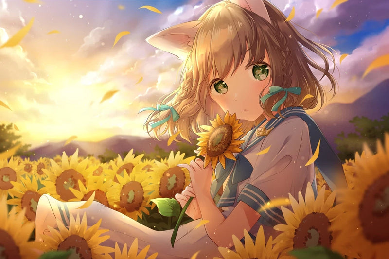 Sunflower gaming mat with anime girl holding a sunflower in a field of blooms