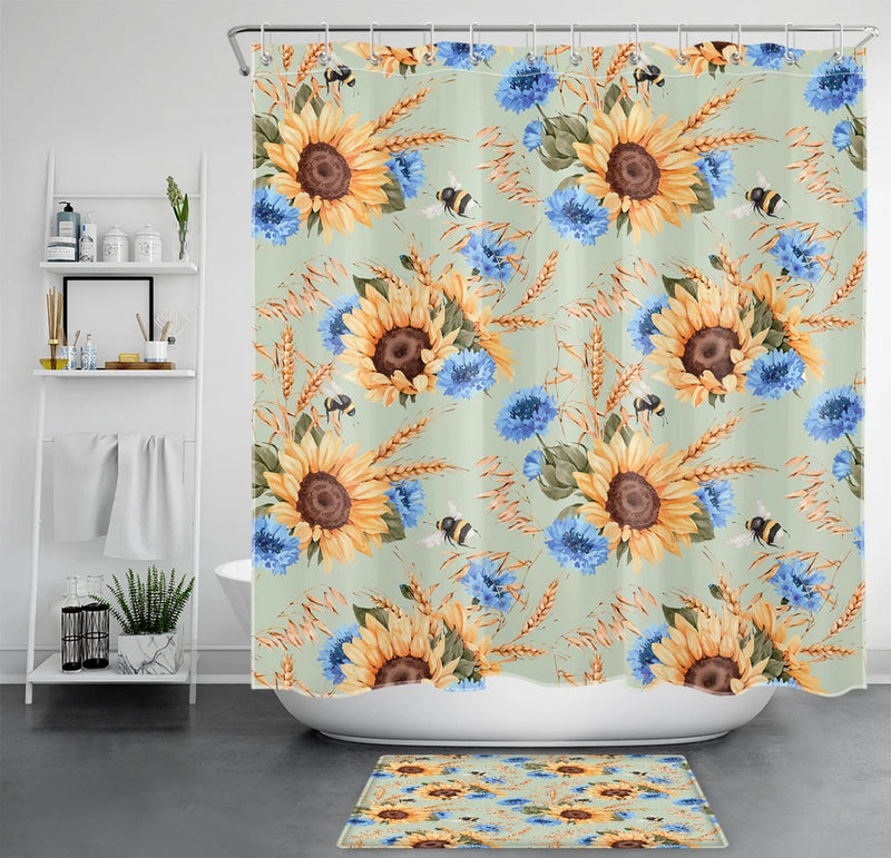 Sunflower shower curtain with blue flowers, bees, and orange blossoms