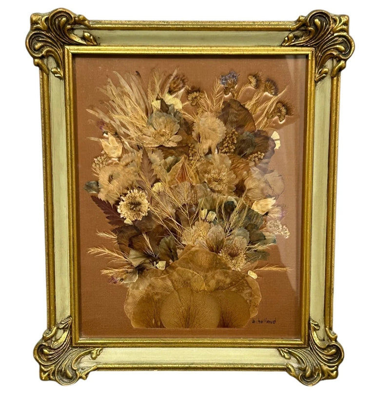 Botanical pressed wildflower wall art with gold ornate frame and dried flowers