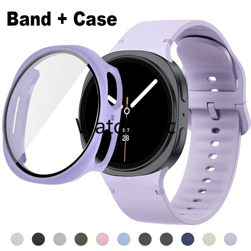 Lavender silicone watch band with protective case and screen cover, open view